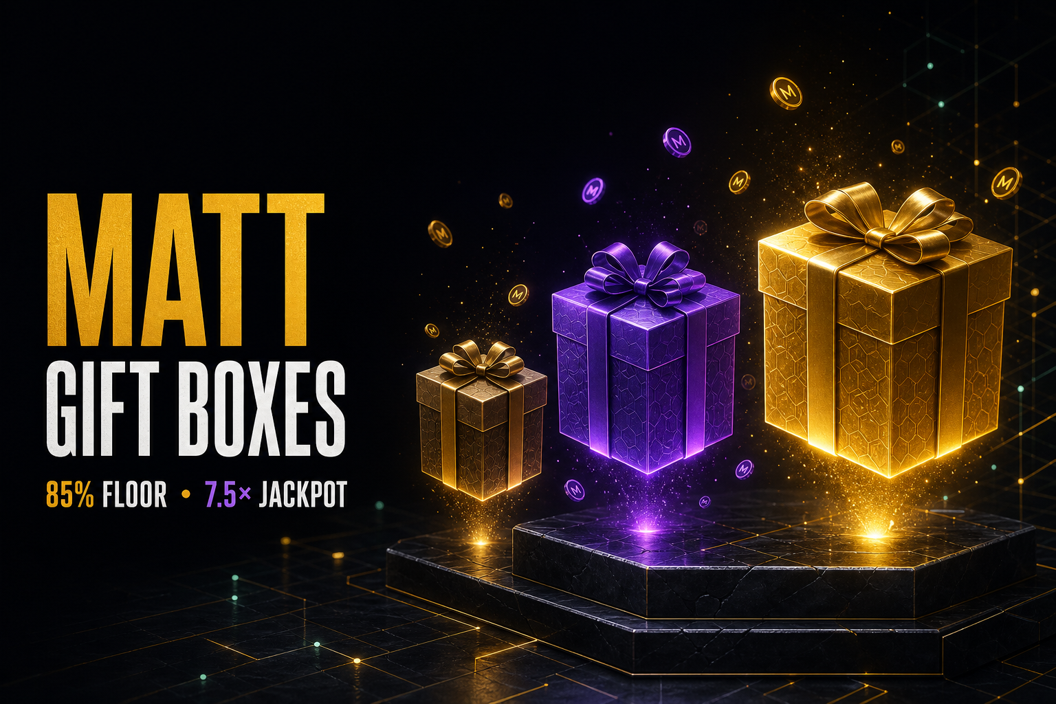 Three premium MATT gift boxes in bronze, violet, and gold